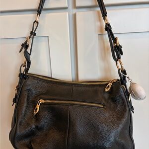 Chic Black Leather Hobo Bag with Gold Accents